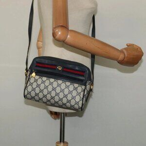 GUCCI GG Supreme Sherry Line Shoulder Bag PVC Navy Gold 119 02 087 Auth 137826